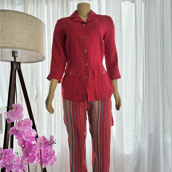 Paraphrase Red Linen Pant And Blazer Jacket Set Size 8 Vibrant Retro Striped - Picture 9 of 15